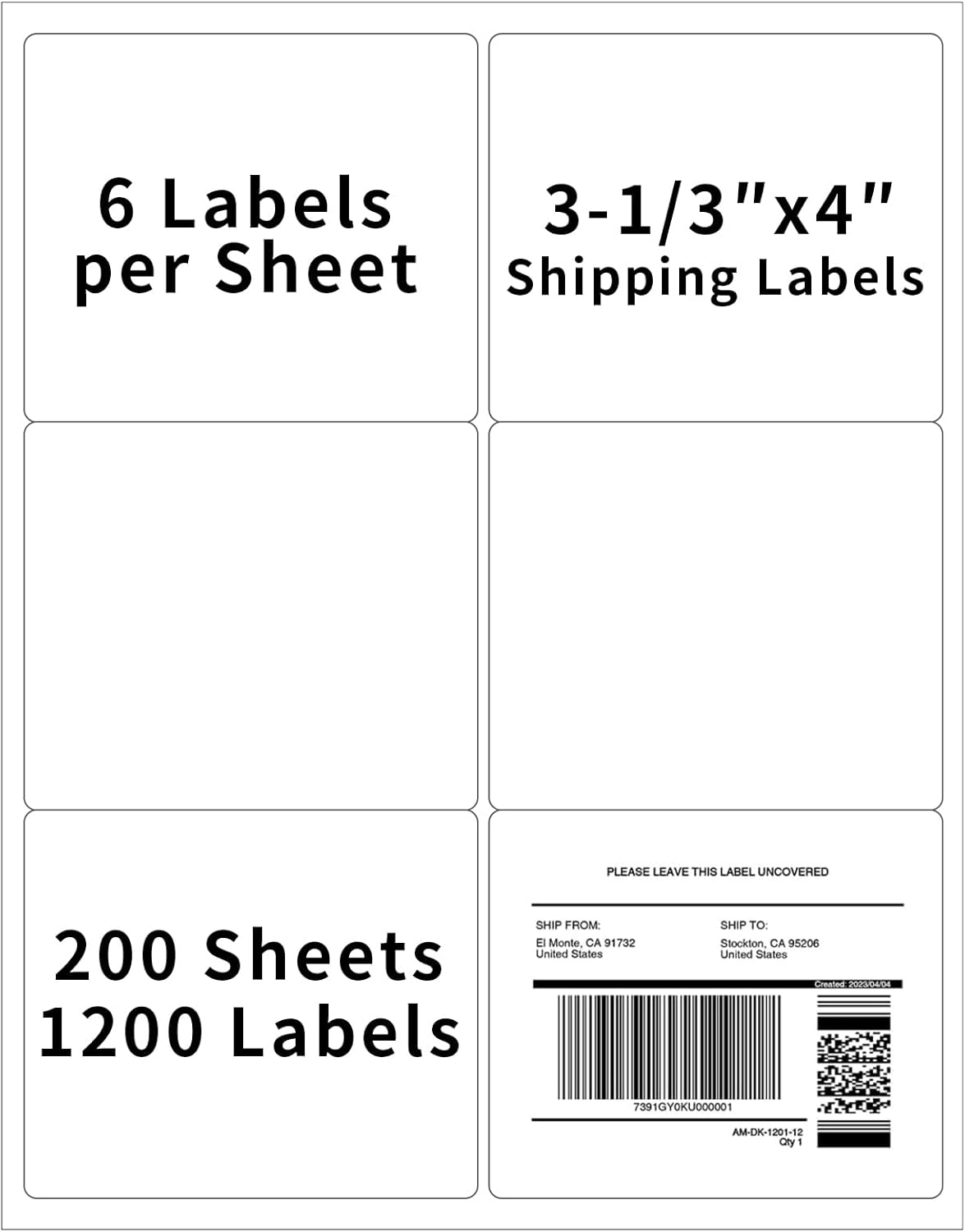 200 Sheets 【1200 Labels】 FBA Box Labels, 3-1/3" x 4" 6 Up Shipping Address Labels for Laser & Inkjet Printers, Product Labels, 6 per Page Printable Mailing Label, Matte