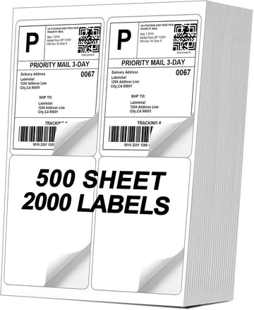 500 Sheets 2000 Labels 4-UP 4''x5'' Shipping Labels for Laser & Inkjet Printers, Shipping Mailing Labels, 4 Pcs Per Page Shipping Labels